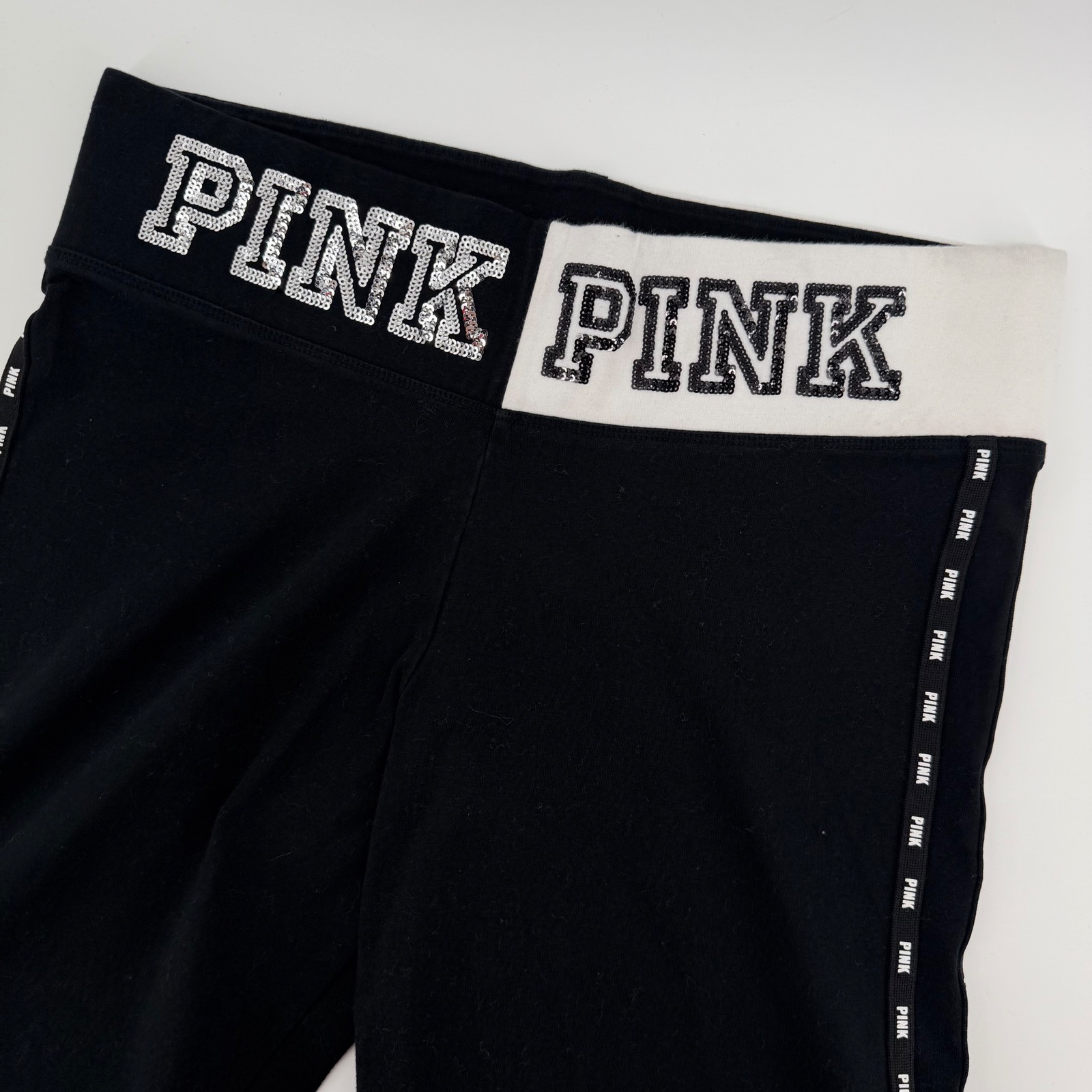 Pink Victoria's Womens Y2k Secret Yoga Pants Black White Sequins Wide Leg Large